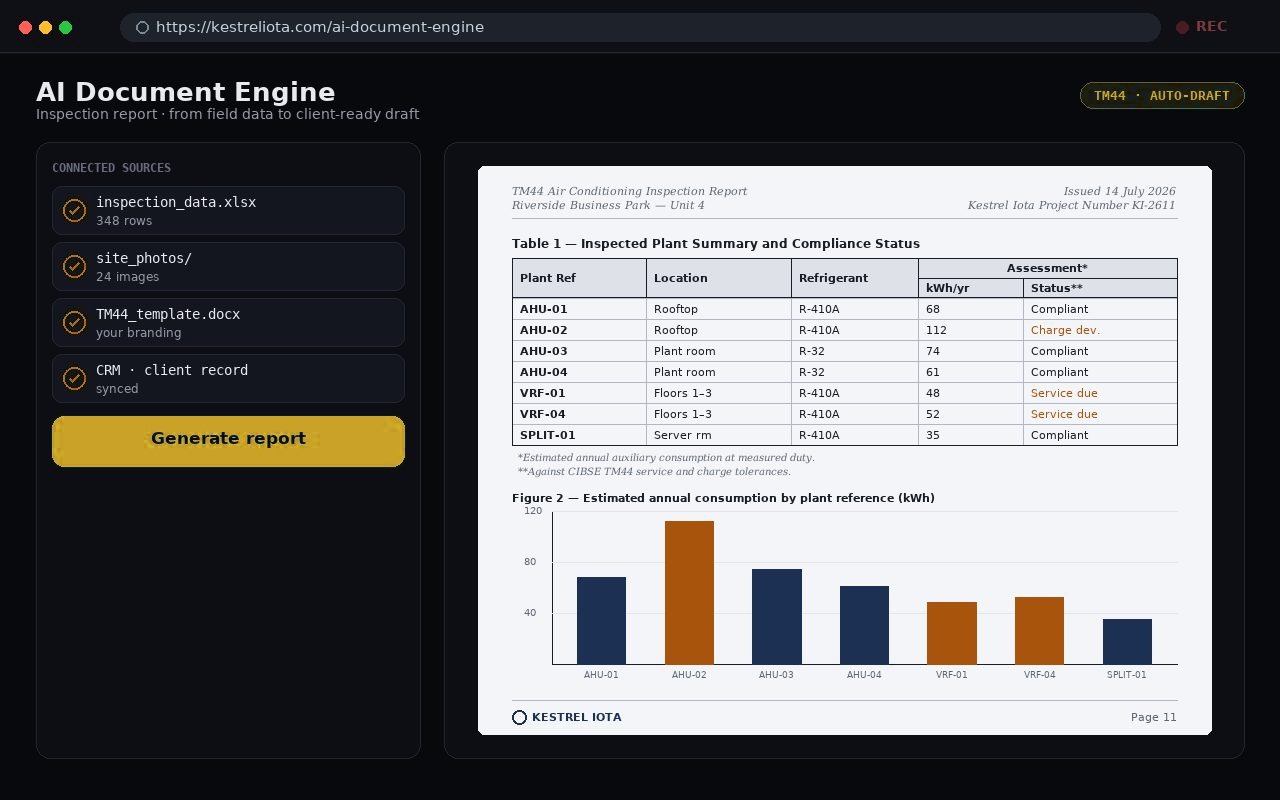 The Document Engine Iota drafting an inspection report from connected sources: a spreadsheet, site photos, a template and the CRM record