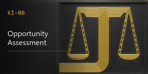KI-06 Opportunity Assessment, a black anodised panel with gold inlay drawn as a balance scale